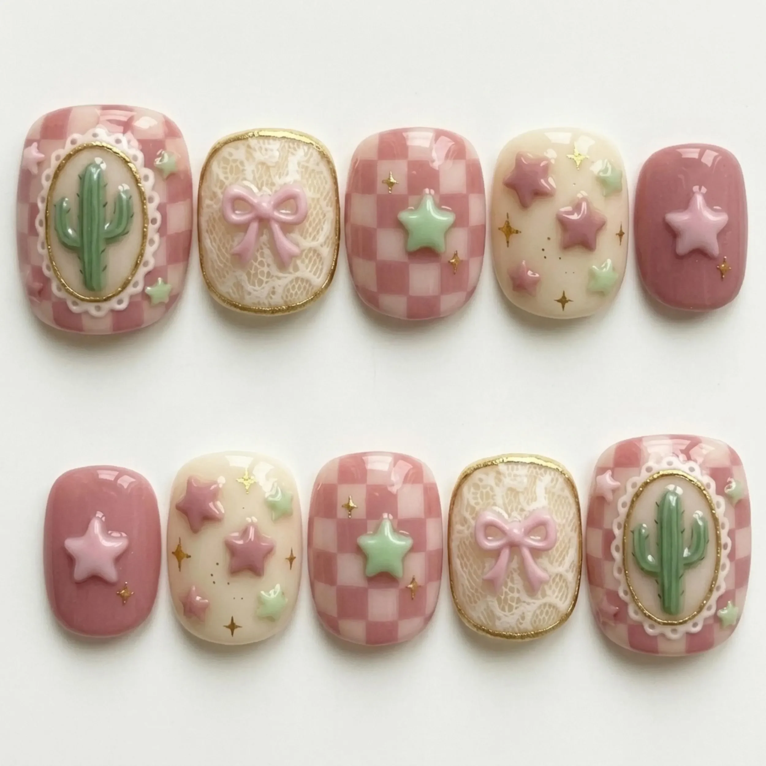 desert coquette, hand-painted 3d, press on nails, custom press on nails, fake nails, Nails Art, stained glass nails, gold press on nails, 3d press on nails, luxury press on nails, handmade press on nails