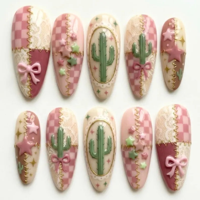 cactus press on, pink lace bow, press on nails, custom press on nails, fake nails, Nails Art, stained glass nails, gold press on nails, 3d press on nails, luxury press on nails, handmade press on nails