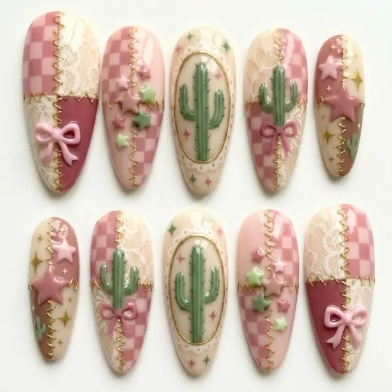 desert rose patchwork, hand-painted 3d, press on nails, custom press on nails, fake nails, Nails Art, stained glass nails, gold press on nails, 3d press on nails, luxury press on nails, handmade press on nails