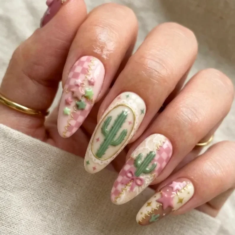 cactus press on, pink lace bow, press on nails, custom press on nails, fake nails, Nails Art, stained glass nails, gold press on nails, 3d press on nails, luxury press on nails, handmade press on nails