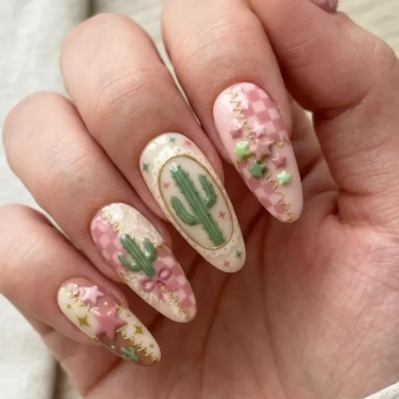 3d cactus nails, pink lace design, press on nails, custom press on nails, fake nails, Nails Art, stained glass nails, gold press on nails, 3d press on nails, luxury press on nails, handmade press on nails