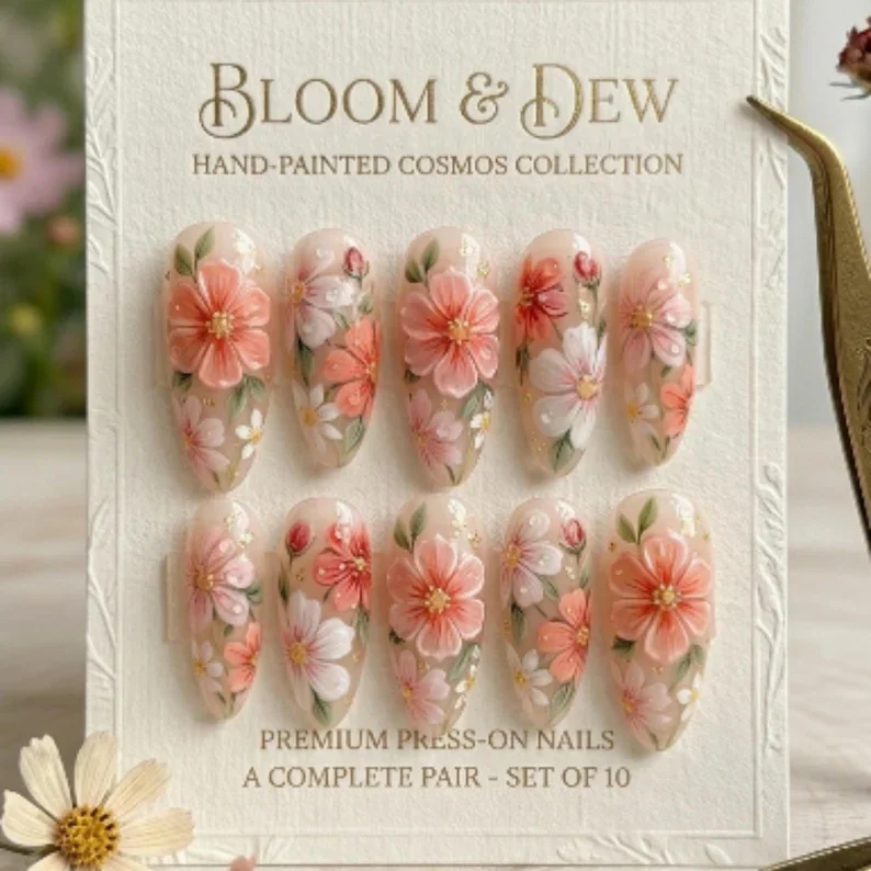 botanical jelly, hand painted nails, press on nails, custom press on nails, fake nails, Nails Art, stained glass nails, gold press on nails, 3d press on nails, luxury press on nails, handmade press on nails
