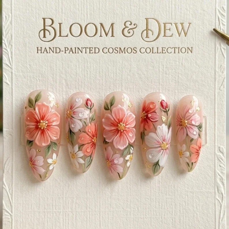 dewy wildflowers, 3D hand painted, press on nails, custom press on nails, fake nails, Nails Art, stained glass nails, gold press on nails, 3d press on nails, luxury press on nails, handmade press on nails