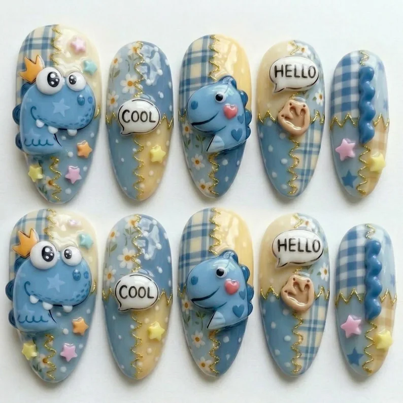 DINO-MITE patchwork, 3D hand-painted nails, press on nails, custom press on nails, fake nails, Nails Art, stained glass nails, gold press on nails, 3d press on nails, luxury press on nails, handmade press on nails
