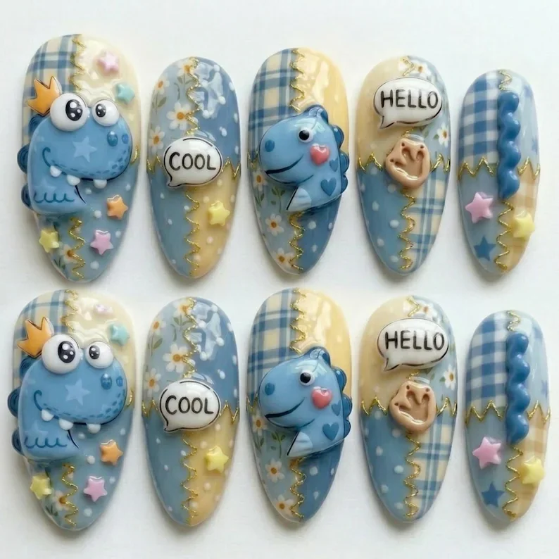 DINO-MITE patchwork, 3D hand-painted nails, press on nails, custom press on nails, fake nails, Nails Art, stained glass nails, gold press on nails, 3d press on nails, luxury press on nails, handmade press on nails