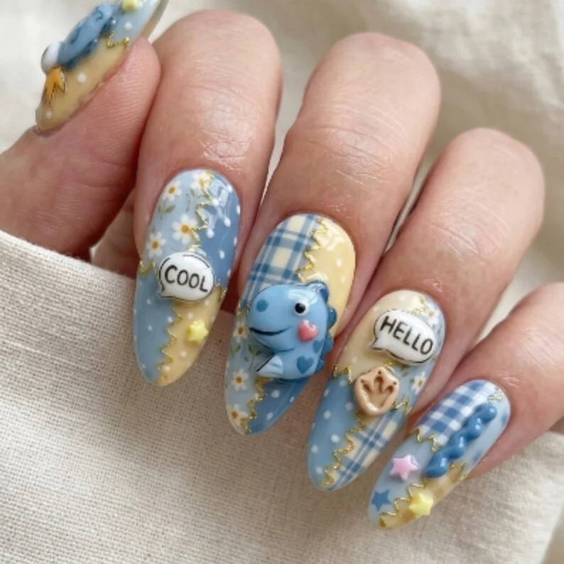 press on nails, kawaii dinosaur nails, custom press on nails, fake nails, Nails Art, stained glass nails, gold press on nails, 3d press on nails, luxury press on nails, handmade press on nails