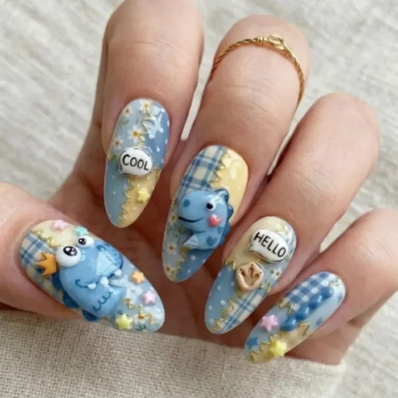 blue and yellow, artisan nail set, press on nails, custom press on nails, fake nails, Nails Art, stained glass nails, gold press on nails, 3d press on nails, luxury press on nails, handmade press on nails