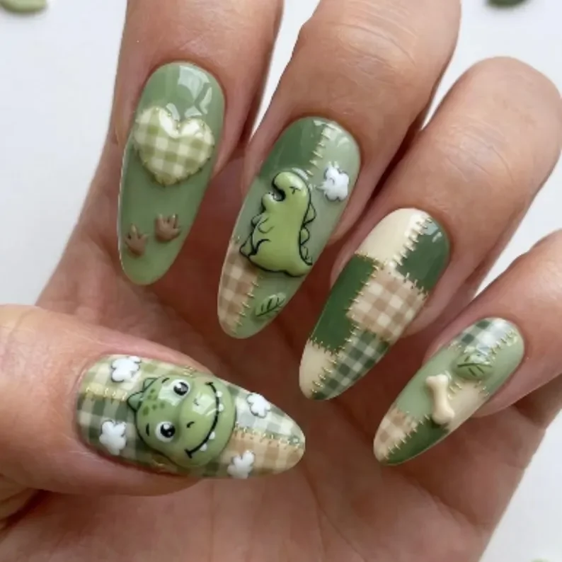 dino patchwork quilt, 3D hand-painted nails, press on nails, custom press on nails, fake nails, Nails Art, stained glass nails, gold press on nails, 3d press on nails, luxury press on nails, handmade press on nails