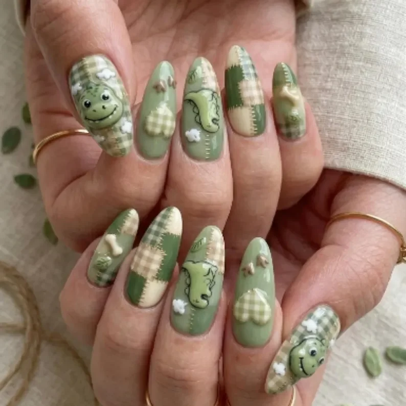 sage green nails, dinosaur artisan set, press on nails, custom press on nails, fake nails, Nails Art, stained glass nails, gold press on nails, 3d press on nails, luxury press on nails, handmade press on nails