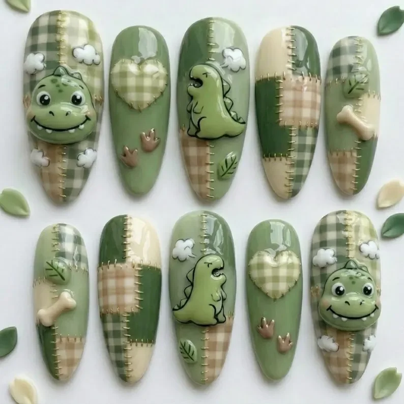 dino patchwork quilt, 3D hand-painted nails, press on nails, custom press on nails, fake nails, Nails Art, stained glass nails, gold press on nails, 3d press on nails, luxury press on nails, handmade press on nails