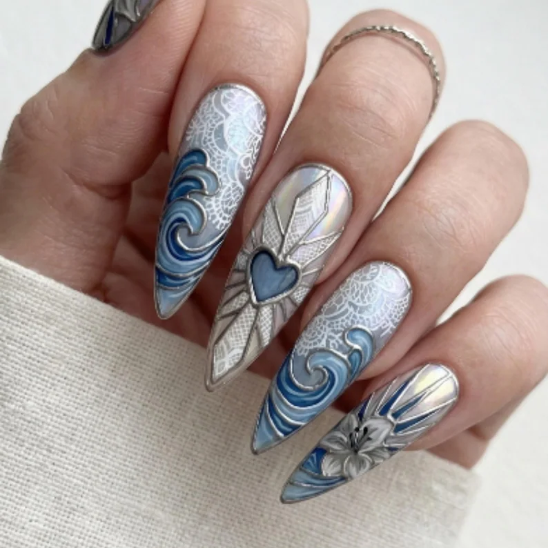 silver press on, blue stained glass, press on nails, custom press on nails, fake nails, Nails Art, stained glass nails, gold press on nails, 3d press on nails, luxury press on nails, handmade press on nails