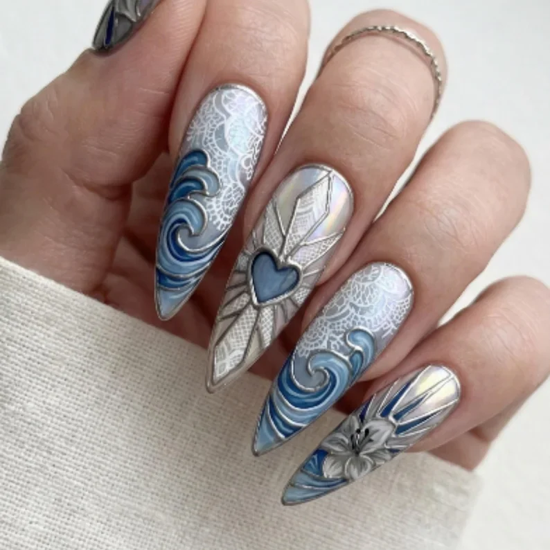 divine ocean lace, hand-painted 3d, press on nails, custom press on nails, fake nails, Nails Art, stained glass nails, gold press on nails, 3d press on nails, luxury press on nails, handmade press on nails