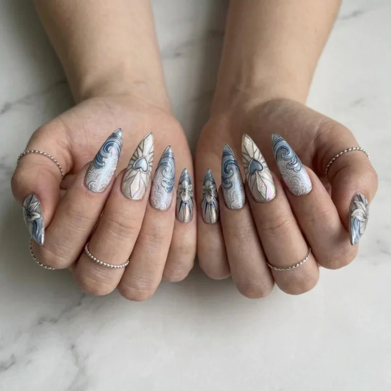 silver press on, blue stained glass, press on nails, custom press on nails, fake nails, Nails Art, stained glass nails, gold press on nails, 3d press on nails, luxury press on nails, handmade press on nails