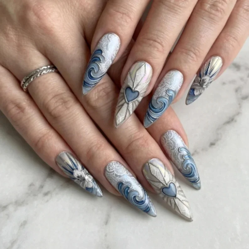 wave nail art, lily nail art, press on nails, custom press on nails, fake nails, Nails Art, stained glass nails, gold press on nails, 3d press on nails, luxury press on nails, handmade press on nails