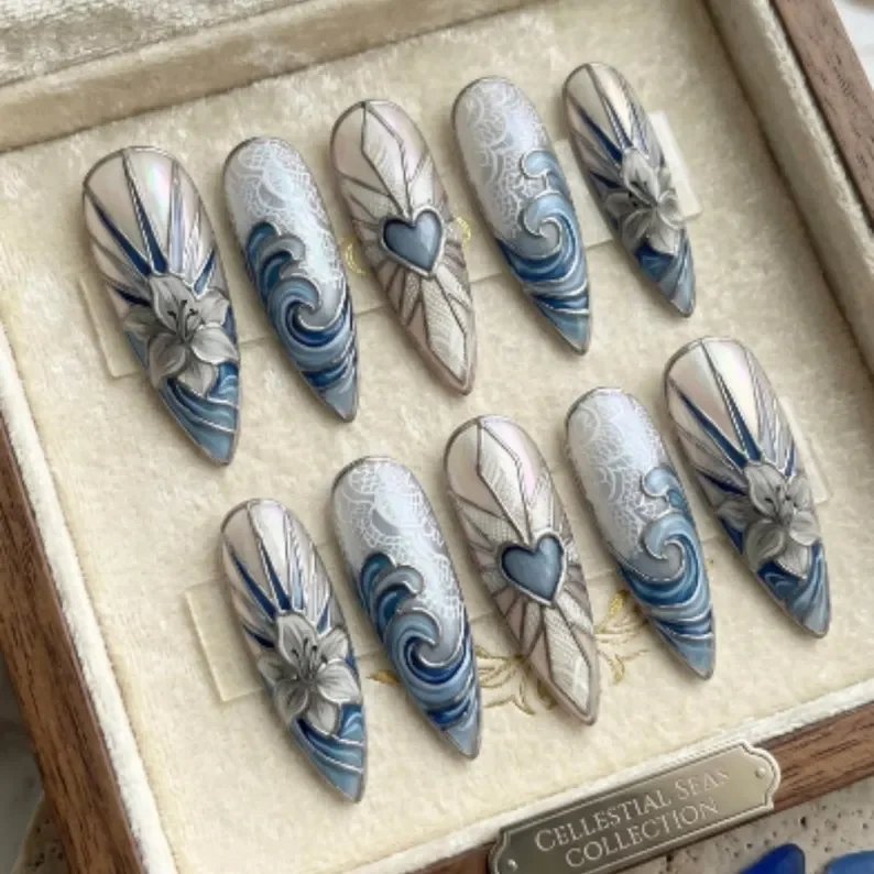 divine ocean lace, hand-painted 3d, press on nails, custom press on nails, fake nails, Nails Art, stained glass nails, gold press on nails, 3d press on nails, luxury press on nails, handmade press on nails
