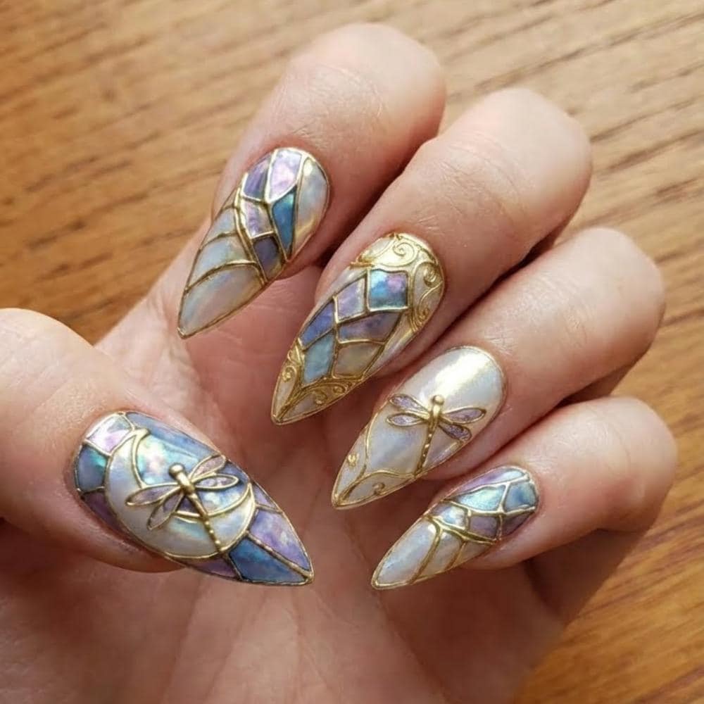 stained glass press on nails, dragonfly nails, press on nails, custom press on nails, fake nails, Nails Art, stained glass nails, gold press on nails, 3d press on nails, luxury press on nails, handmade press on nails