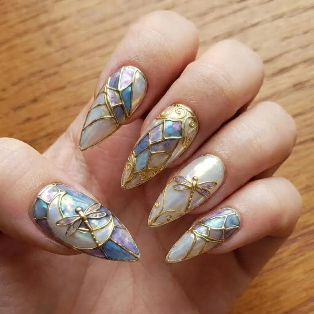 stained glass press on nails, dragonfly nails, press on nails, custom press on nails, fake nails, Nails Art, stained glass nails, gold press on nails, 3d press on nails, luxury press on nails, handmade press on nails