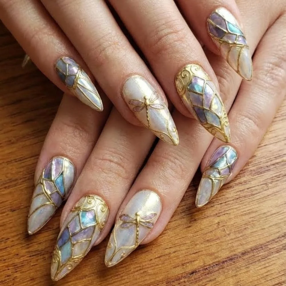 3D gold nails, art nouveau mosaic, press on nails, custom press on nails, fake nails, Nails Art, stained glass nails, gold press on nails, 3d press on nails, luxury press on nails, handmade press on nails
