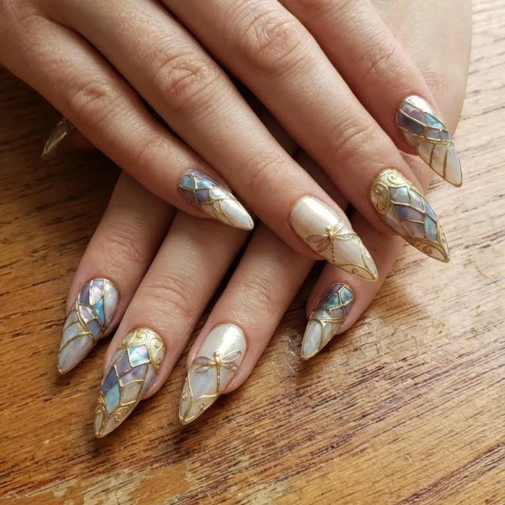 gold mosaic nails, dragonfly mosaic, press on nails, custom press on nails, fake nails, Nails Art, stained glass nails, gold press on nails, 3d press on nails, luxury press on nails, handmade press on nails