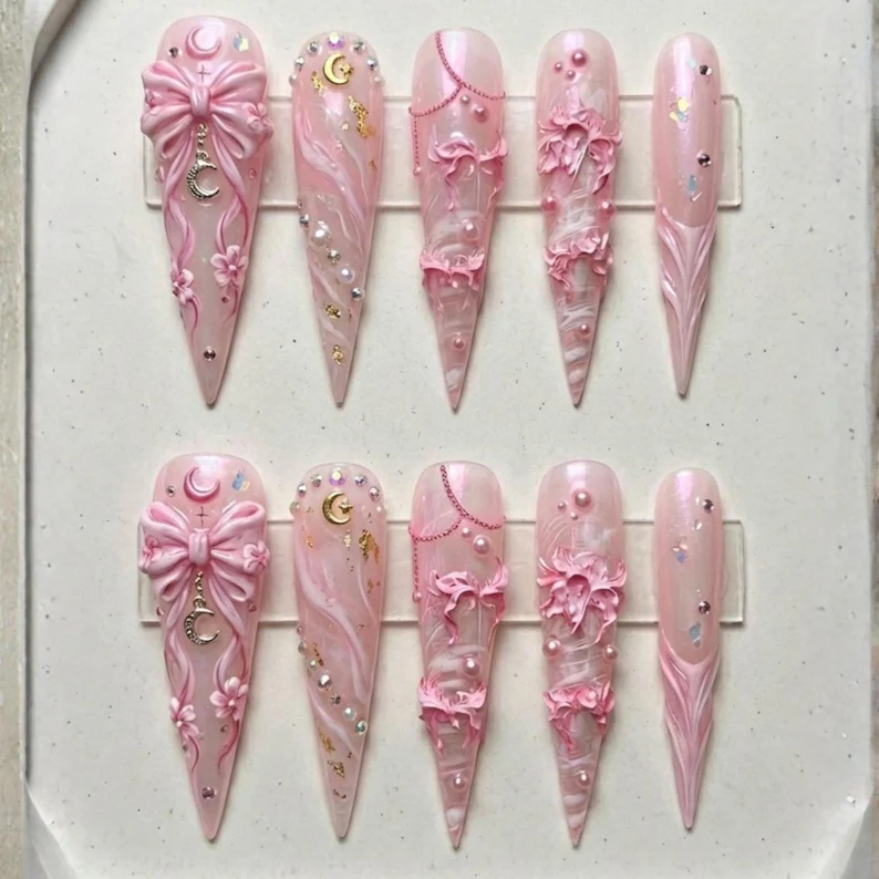 bridal press on nails, 3D pink bows, press on nails, custom press on nails, fake nails, Nails Art, stained glass nails, gold press on nails, 3d press on nails, luxury press on nails, handmade press on nails