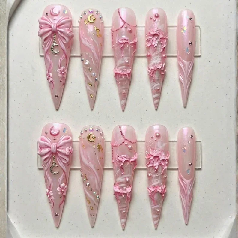 coquette princesscore nails, bridal press on nails, press on nails, custom press on nails, fake nails, Nails Art, stained glass nails, gold press on nails, 3d press on nails, luxury press on nails, handmade press on nails