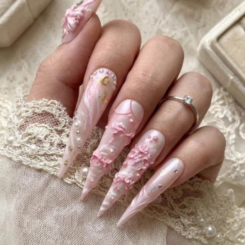 3D pink bows, celestial moon nail art, press on nails, custom press on nails, fake nails, Nails Art, stained glass nails, gold press on nails, 3d press on nails, luxury press on nails, handmade press on nails