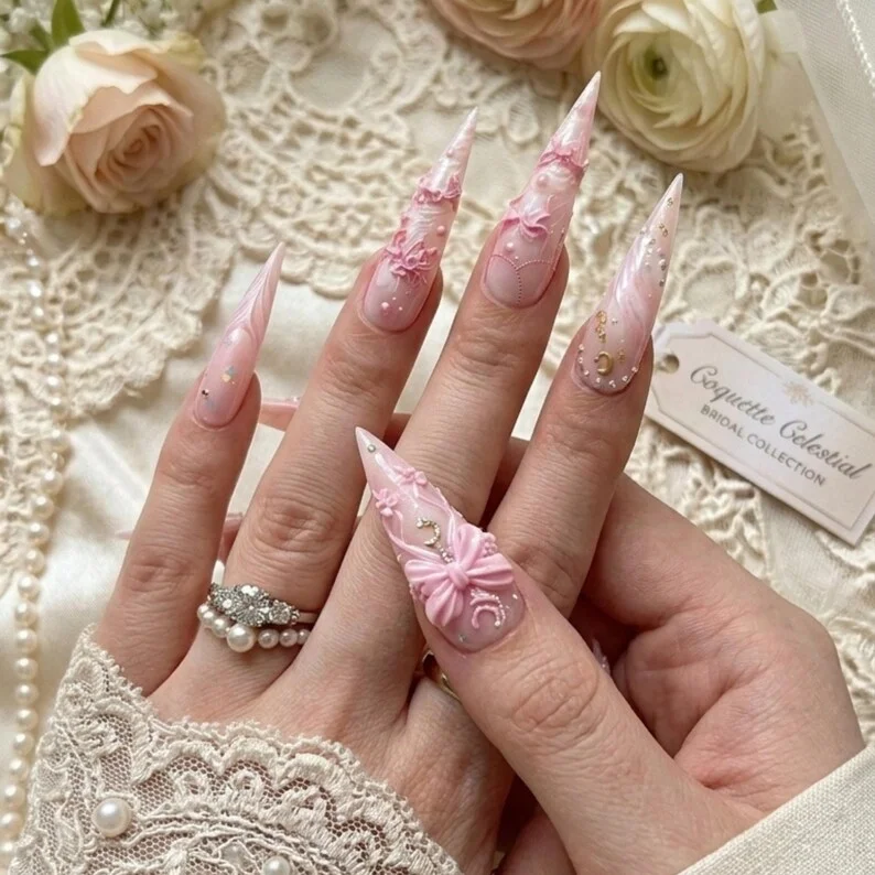 dreamy princess nails, pink bow nail design, press on nails, custom press on nails, fake nails, Nails Art, stained glass nails, gold press on nails, 3d press on nails, luxury press on nails, handmade press on nails