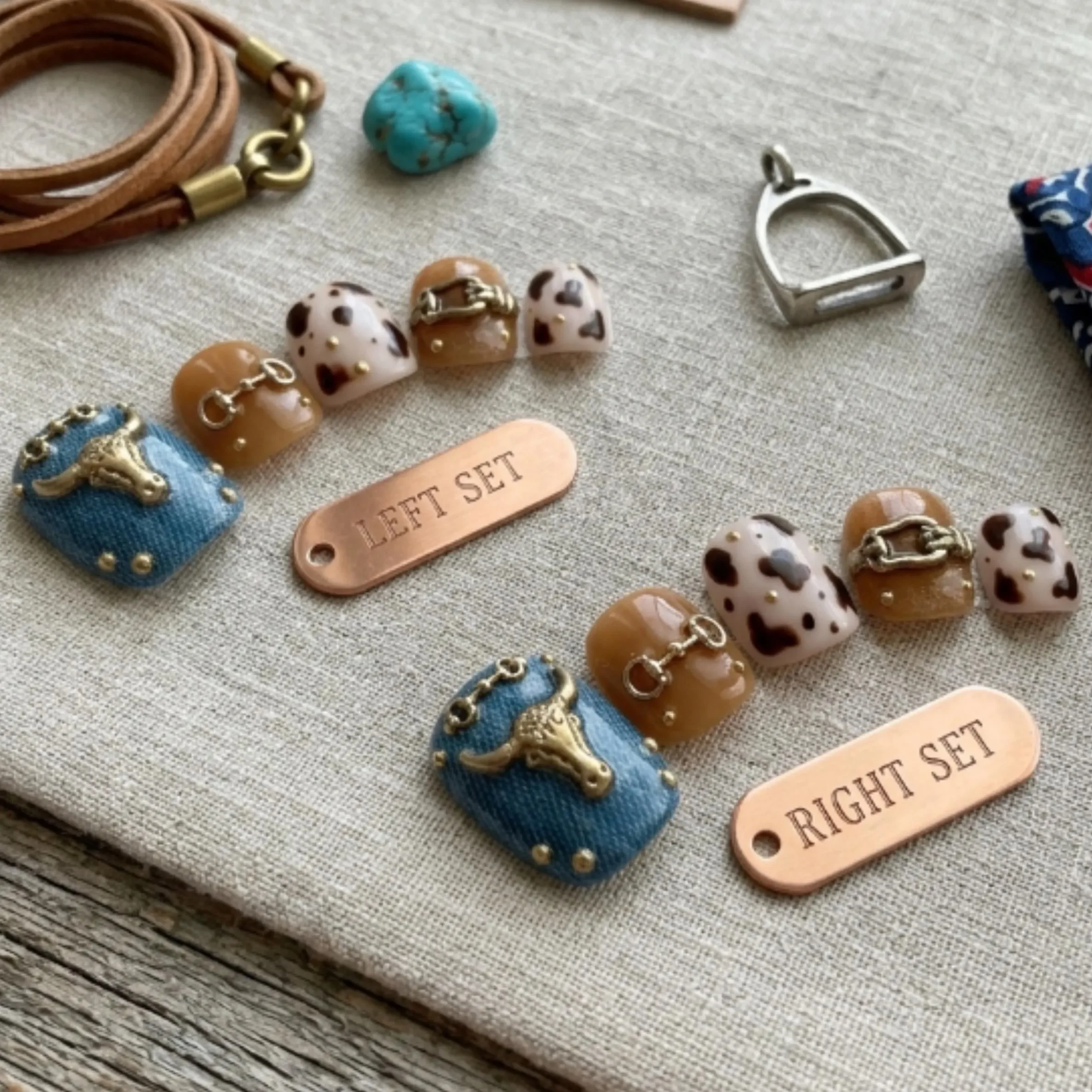 denim cow print, cow print pedicure, press on nails, custom press on nails, fake nails, Nails Art, stained glass nails, gold press on nails, 3d press on nails, luxury press on nails, handmade press on nails