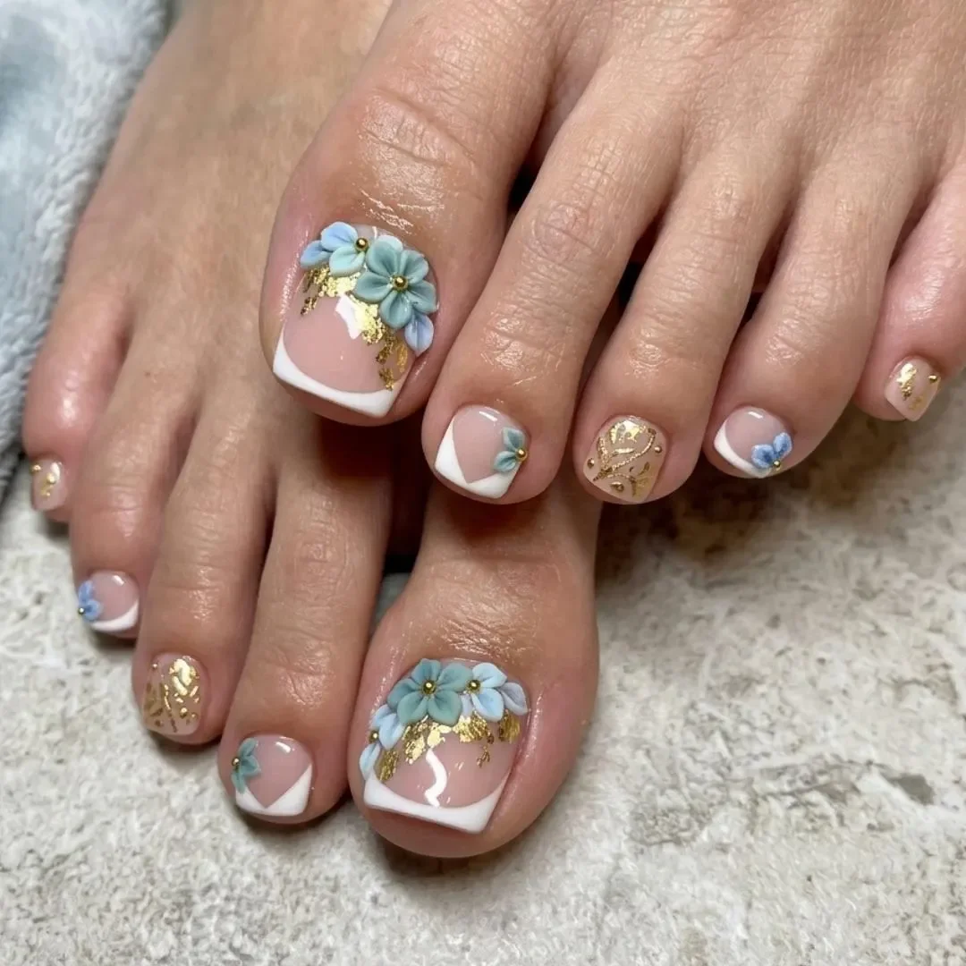 dusty blue, 3D floral, press on nails, custom press on nails, fake nails, Nails Art, stained glass nails, gold press on nails, 3d press on nails, luxury press on nails, handmade press on nails