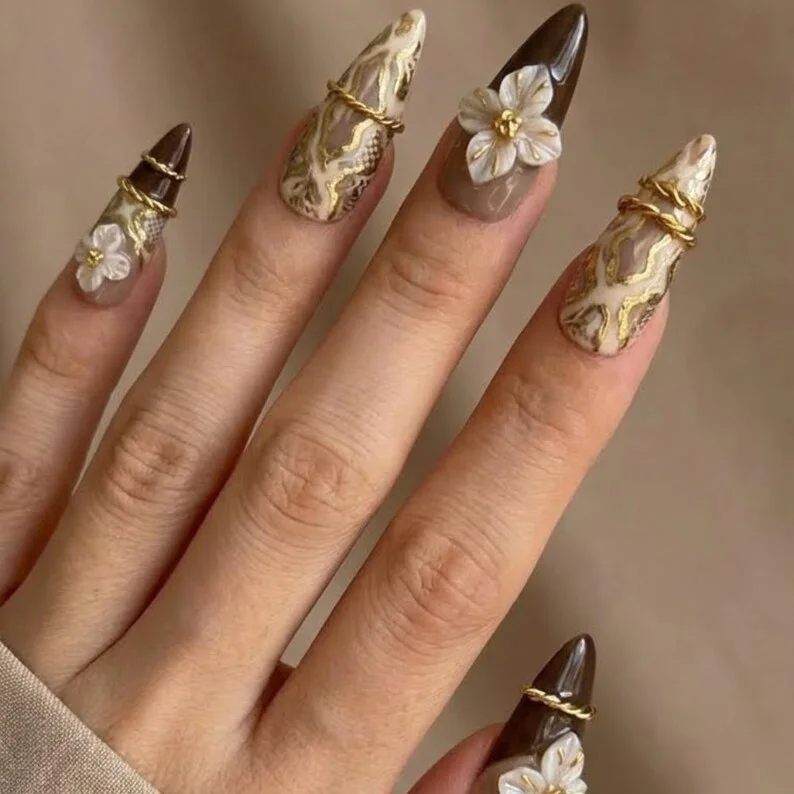 3D Floral Press On, Earthy Luxe Nails, press on nails, custom press on nails, fake nails, Nails Art, stained glass nails, gold press on nails, 3d press on nails, luxury press on nails, handmade press on nails