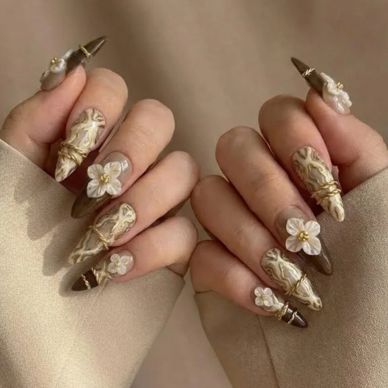 Mocha Marble Nails, Gold Wire Accents, press on nails, custom press on nails, fake nails, Nails Art, stained glass nails, gold press on nails, 3d press on nails, luxury press on nails, handmade press on nails