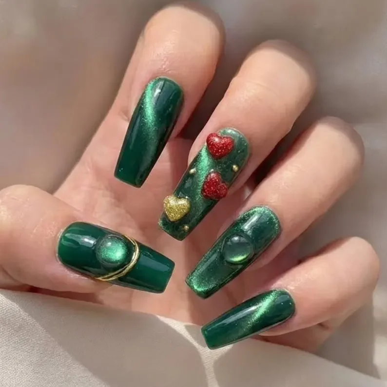 3D hearts, gold design, press on nails, custom press on nails, fake nails, Nails Art, stained glass nails, gold press on nails, 3d press on nails, luxury press on nails, handmade press on nails