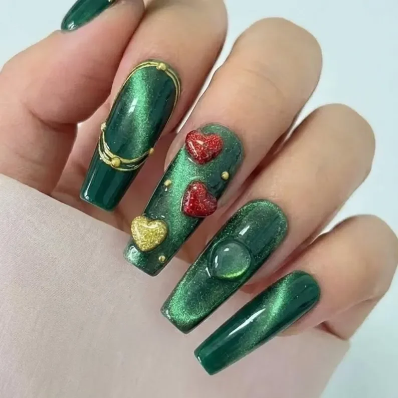 emerald cat eye, press on nails, custom press on nails, fake nails, Nails Art, stained glass nails, gold press on nails, 3d press on nails, luxury press on nails, handmade press on nails