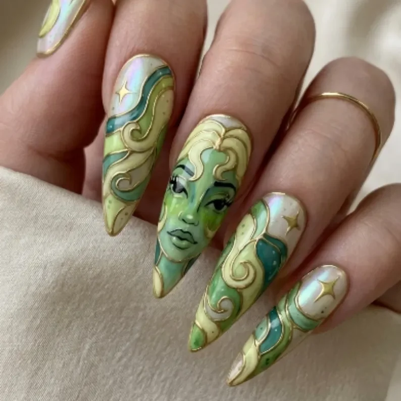 emerald gaia muse, 3D gold cloisonné, press on nails, custom press on nails, fake nails, Nails Art, stained glass nails, gold press on nails, 3d press on nails, luxury press on nails, handmade press on nails