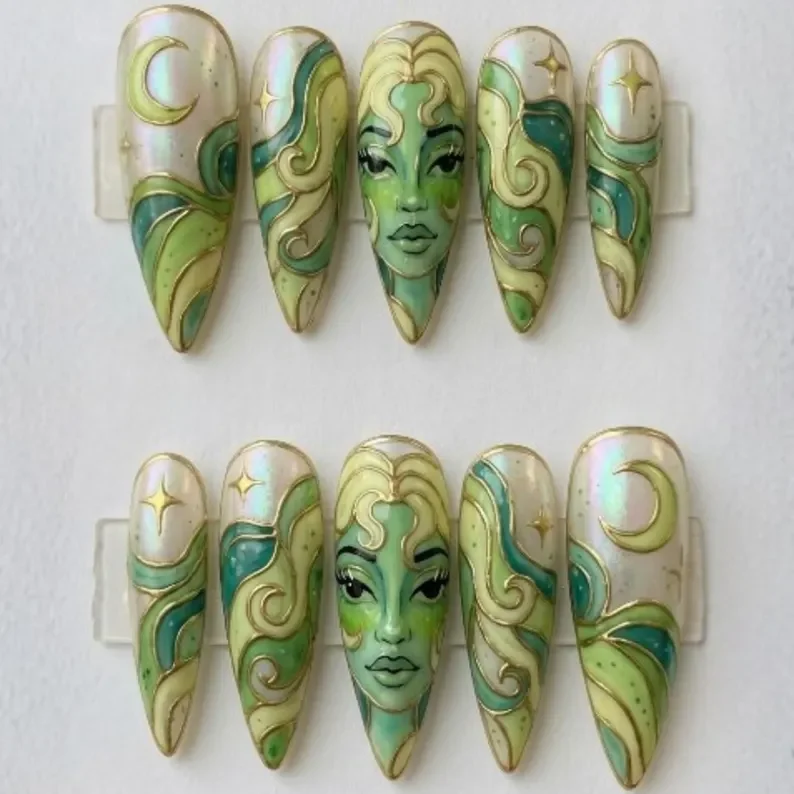 press on nails, sage green nail art, custom press on nails, fake nails, Nails Art, stained glass nails, gold press on nails, 3d press on nails, luxury press on nails, handmade press on nails