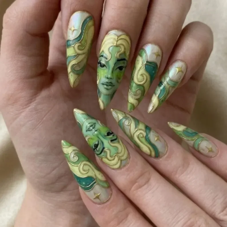 goddess nail art, gold cloisonné nails, press on nails, custom press on nails, fake nails, Nails Art, stained glass nails, gold press on nails, 3d press on nails, luxury press on nails, handmade press on nails