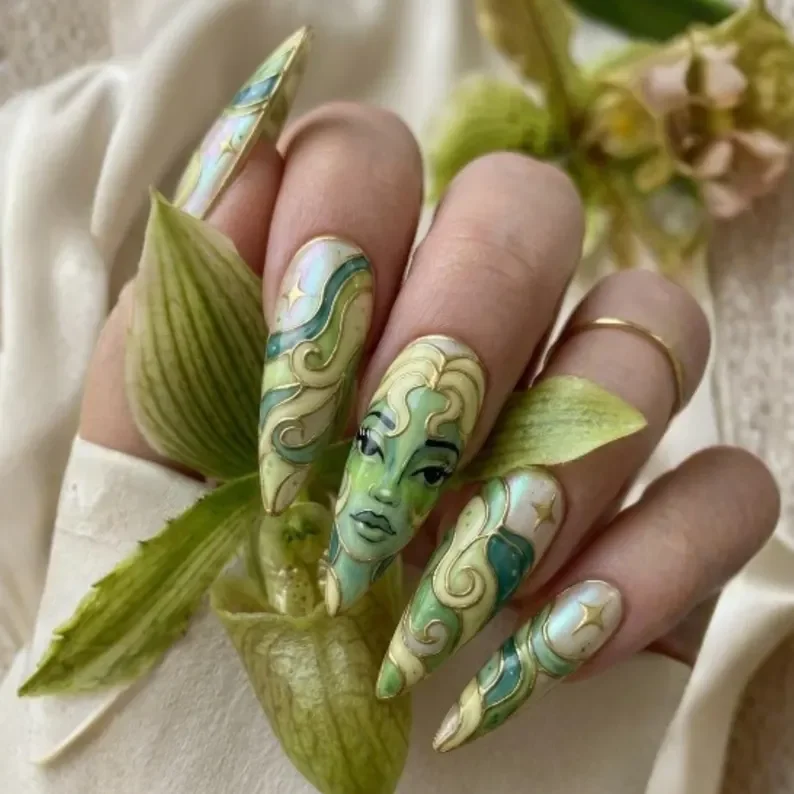 emerald green nails, 3D nail design, press on nails, custom press on nails, fake nails, Nails Art, stained glass nails, gold press on nails, 3d press on nails, luxury press on nails, handmade press on nails