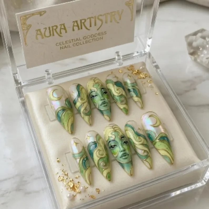 emerald gaia muse, 3D gold cloisonné, press on nails, custom press on nails, fake nails, Nails Art, stained glass nails, gold press on nails, 3d press on nails, luxury press on nails, handmade press on nails