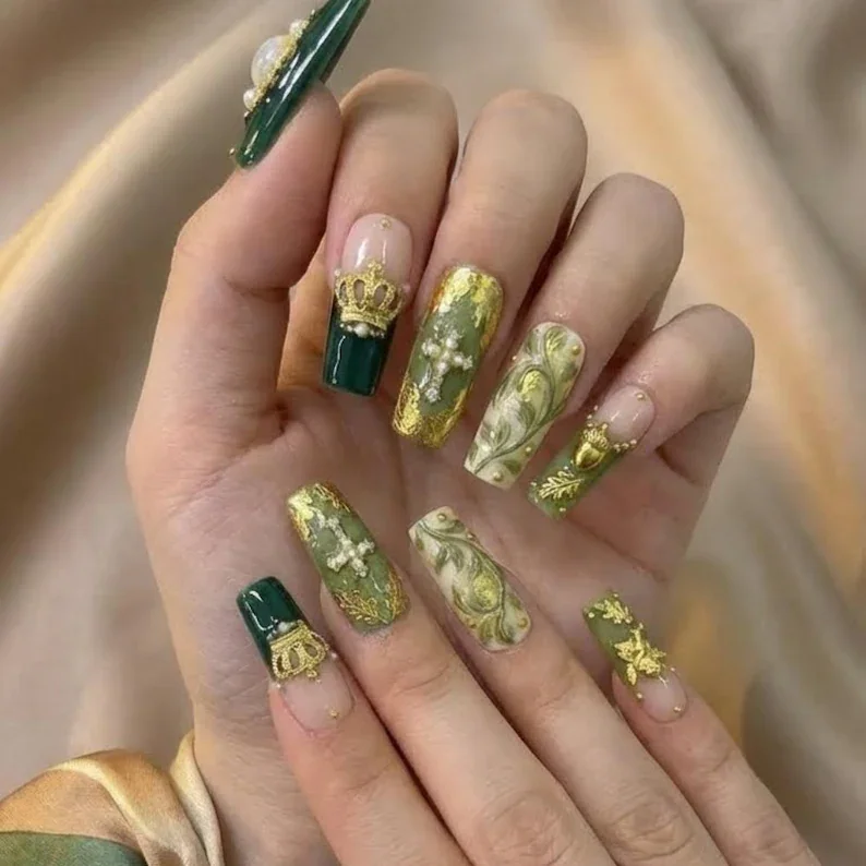 gold crown nail art, angel charm manicure, press on nails, custom press on nails, fake nails, Nails Art, stained glass nails, gold press on nails, 3d press on nails, luxury press on nails, handmade press on nails