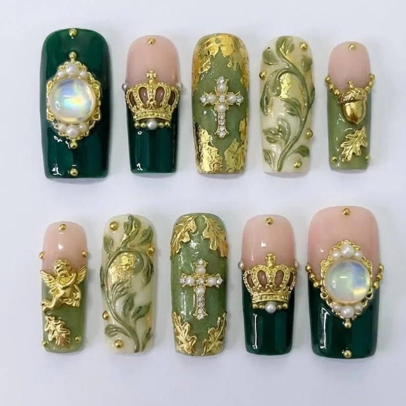 emerald green nails, baroque press on, press on nails, custom press on nails, fake nails, Nails Art, stained glass nails, gold press on nails, 3d press on nails, luxury press on nails, handmade press on nails