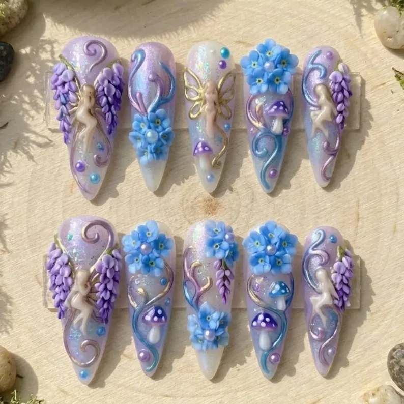 enchanted garden, fairycore press-on, press on nails, custom press on nails, fake nails, Nails Art, stained glass nails, gold press on nails, 3d press on nails, luxury press on nails, handmade press on nails
