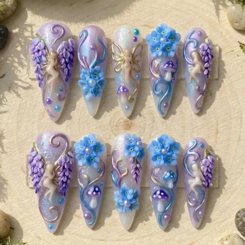 enchanted garden, fairycore press-on, press on nails, custom press on nails, fake nails, Nails Art, stained glass nails, gold press on nails, 3d press on nails, luxury press on nails, handmade press on nails
