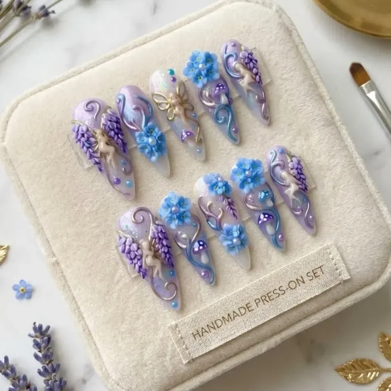 wisteria nail design, fairycore nail set, press on nails, custom press on nails, fake nails, Nails Art, stained glass nails, gold press on nails, 3d press on nails, luxury press on nails, handmade press on nails