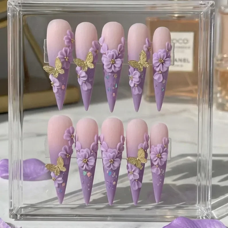 enchanted garden press-on, 3D fairycore nails, press on nails, custom press on nails, fake nails, Nails Art, stained glass nails, gold press on nails, 3d press on nails, luxury press on nails, handmade press on nails