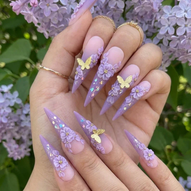 flower and gold, gold butterfly nails, press on nails, custom press on nails, fake nails, Nails Art, stained glass nails, gold press on nails, 3d press on nails, luxury press on nails, handmade press on nails