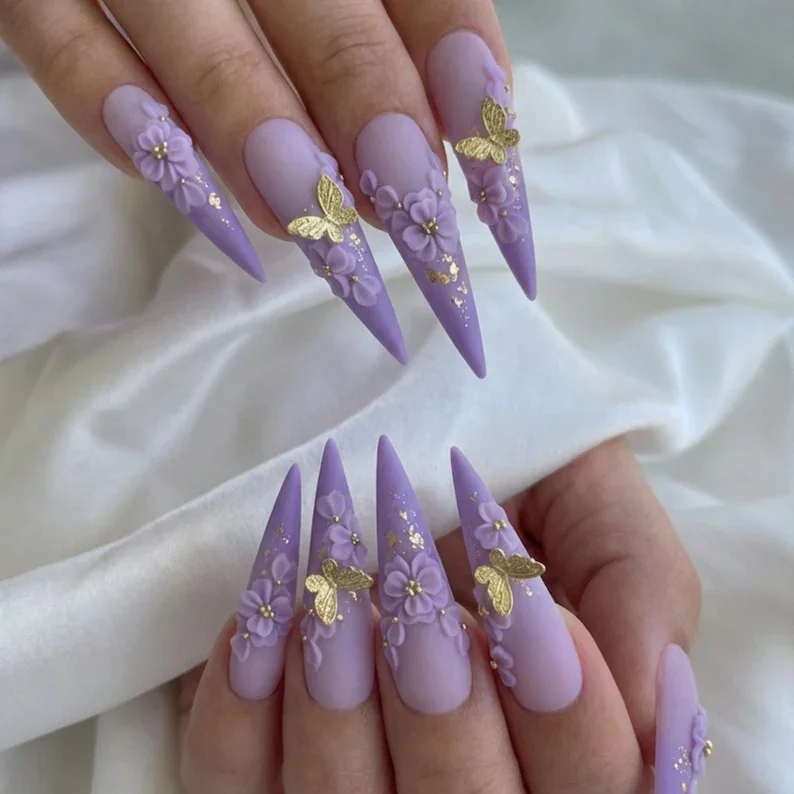 flower and gold, gold butterfly nails, press on nails, custom press on nails, fake nails, Nails Art, stained glass nails, gold press on nails, 3d press on nails, luxury press on nails, handmade press on nails