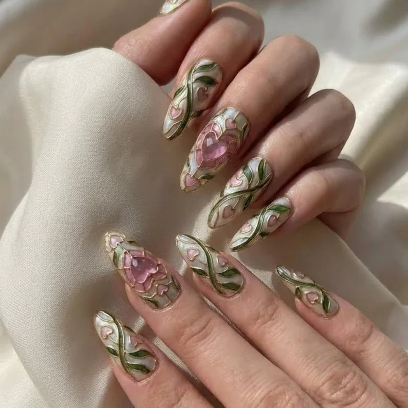 heart themed nails, stained glass design, press on nails, custom press on nails, fake nails, Nails Art, stained glass nails, gold press on nails, 3d press on nails, luxury press on nails, handmade press on nails