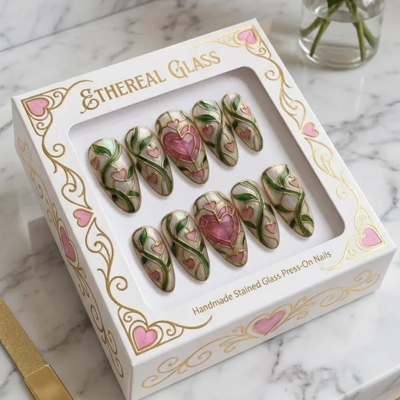 enchanted heart, stained glass nails, press on nails, custom press on nails, fake nails, Nails Art, gold press on nails, 3d press on nails, luxury press on nails, handmade press on nails