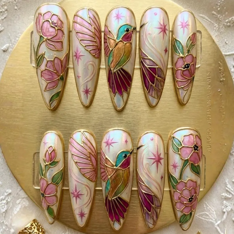 3D stained glass, press on nails, custom press on nails, fake nails, Nails Art, stained glass nails, gold press on nails, 3d press on nails, luxury press on nails, handmade press on nails