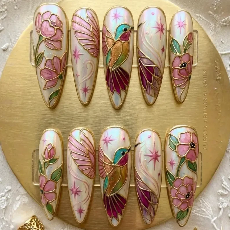 enchanted hummingbird, hand-painted nails, press on nails, custom press on nails, fake nails, Nails Art, stained glass nails, gold press on nails, 3d press on nails, luxury press on nails, handmade press on nails